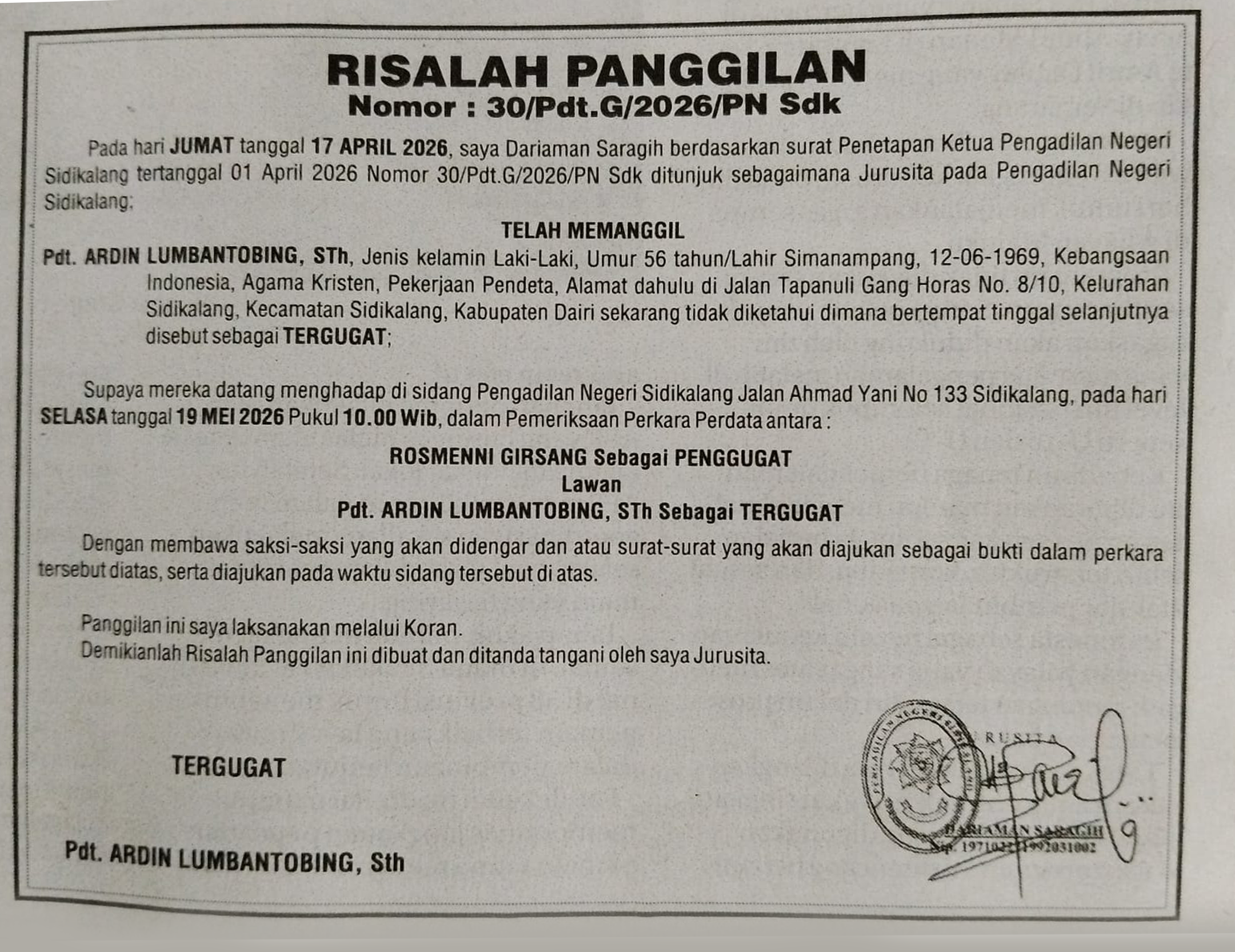 Relaas Panggilan Umum Nomor 30/Pdt.G/2026/PN Sdk